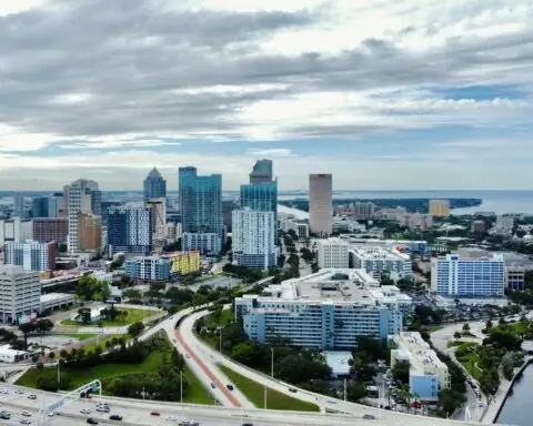 Tampa Bay, Florida's skyline from a distance and the air.