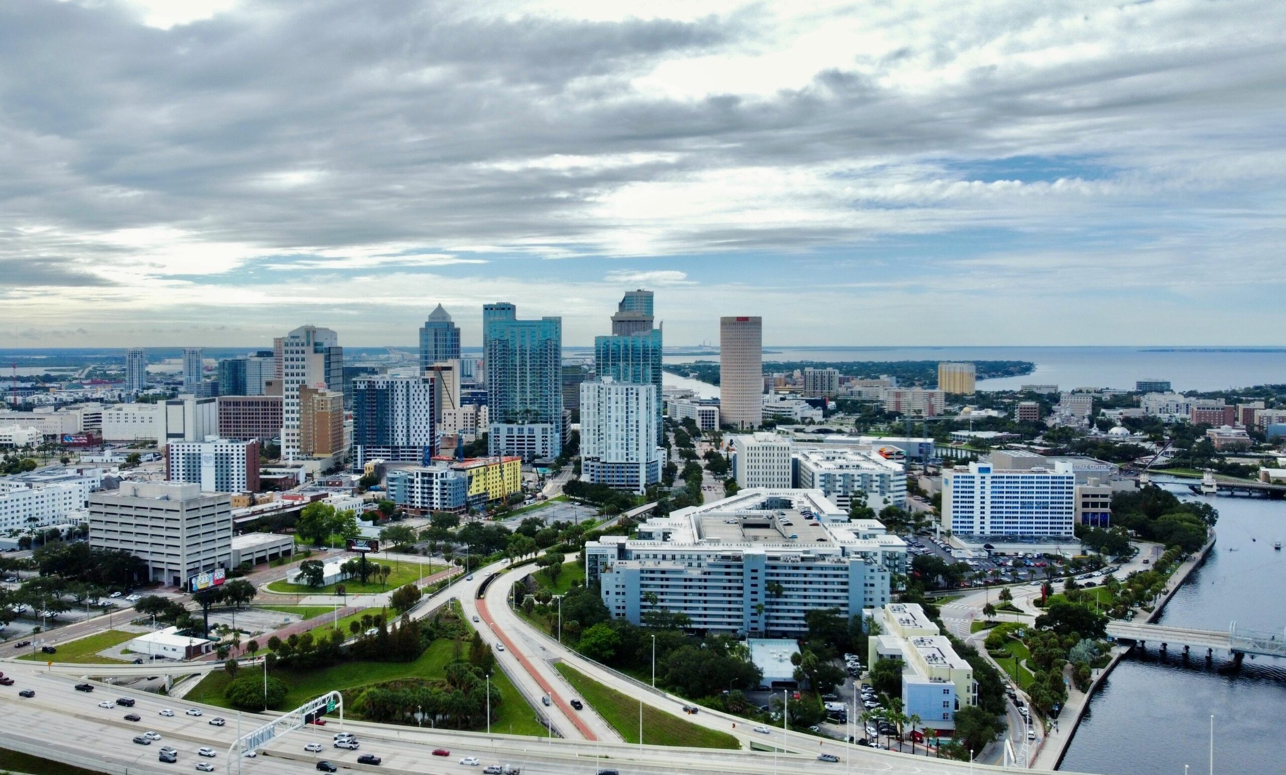 Tampa Bay, Florida's skyline from a distance and the air.