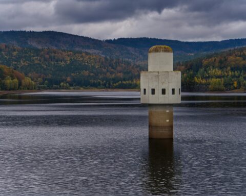 A water intake tower in a reservoir.