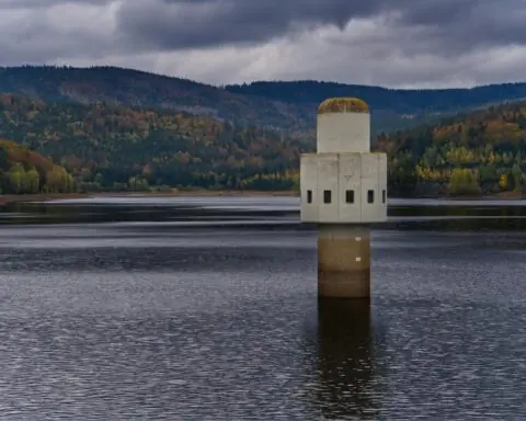 A water intake tower in a reservoir.