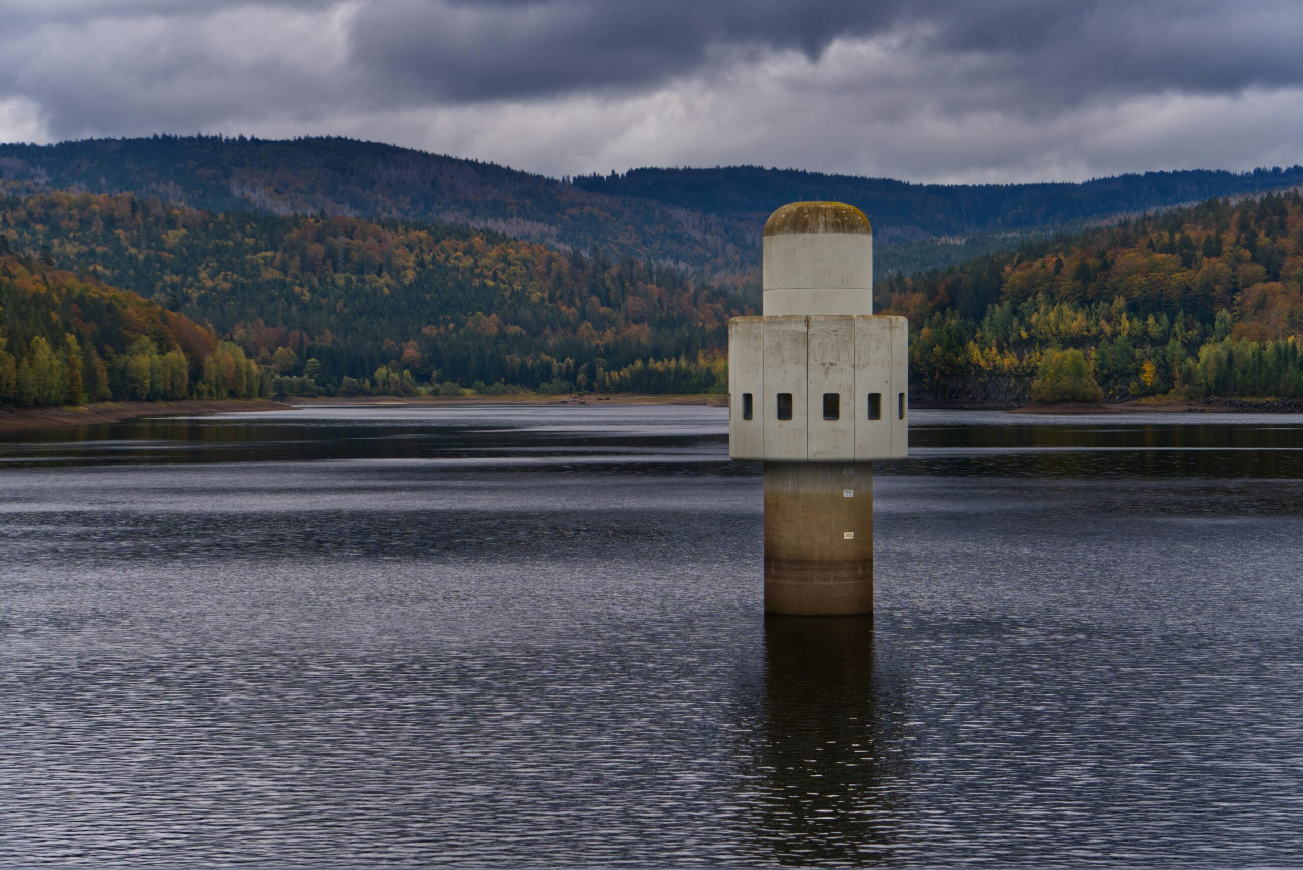 A water intake tower in a reservoir.