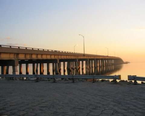 The Courtney Campbell Causeway from the Clearwater shore in Florida.