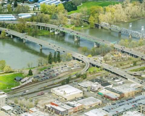 An aerial view of Salem bridges over the Willamette River.