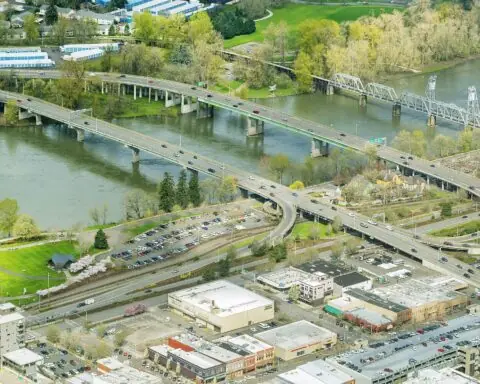 An aerial view of Salem bridges over the Willamette River.