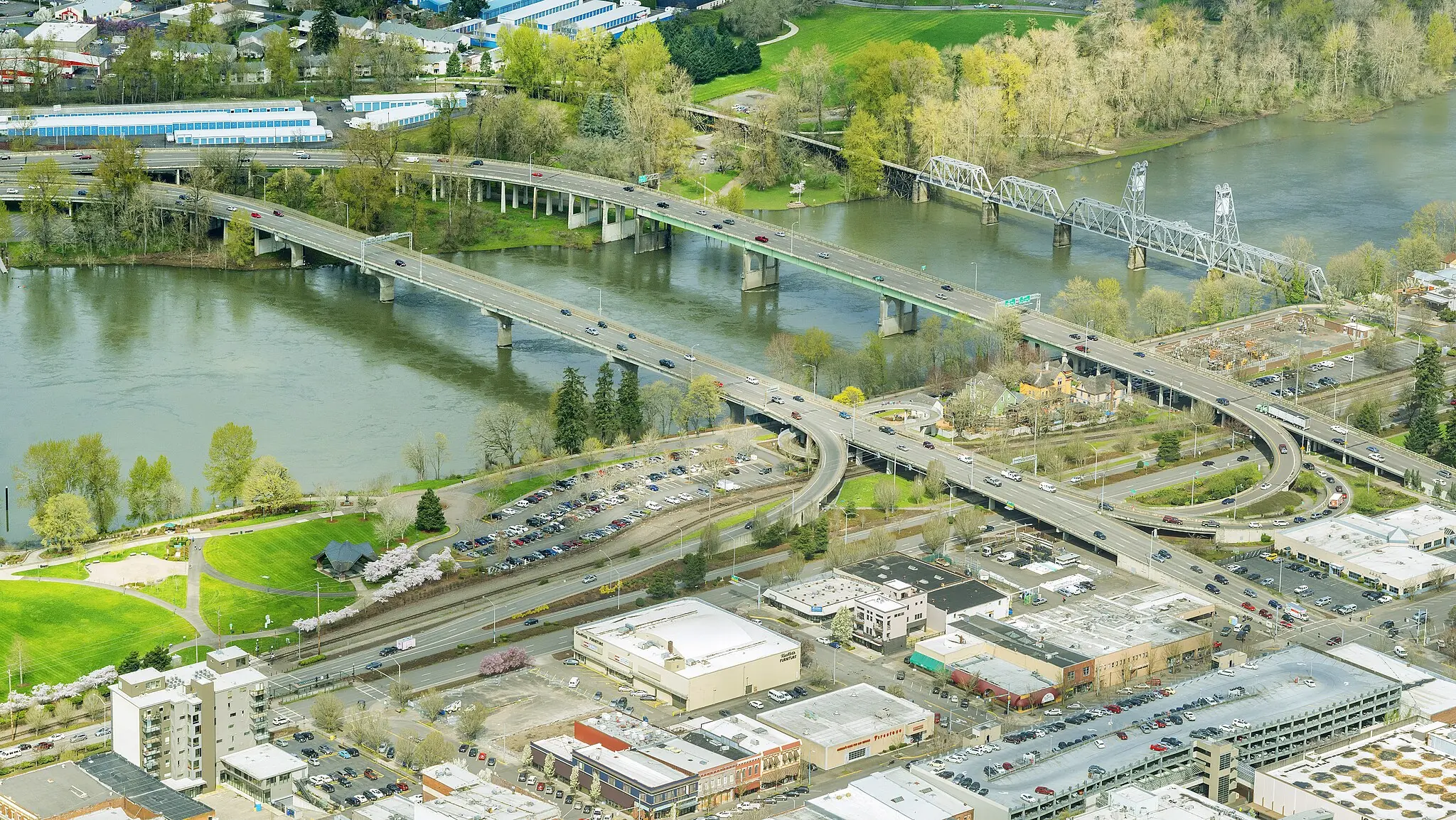 An aerial view of Salem bridges over the Willamette River.