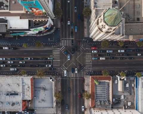An aerial view of a roadway intersection in Los Angeles.