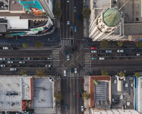An aerial view of a roadway intersection in Los Angeles.