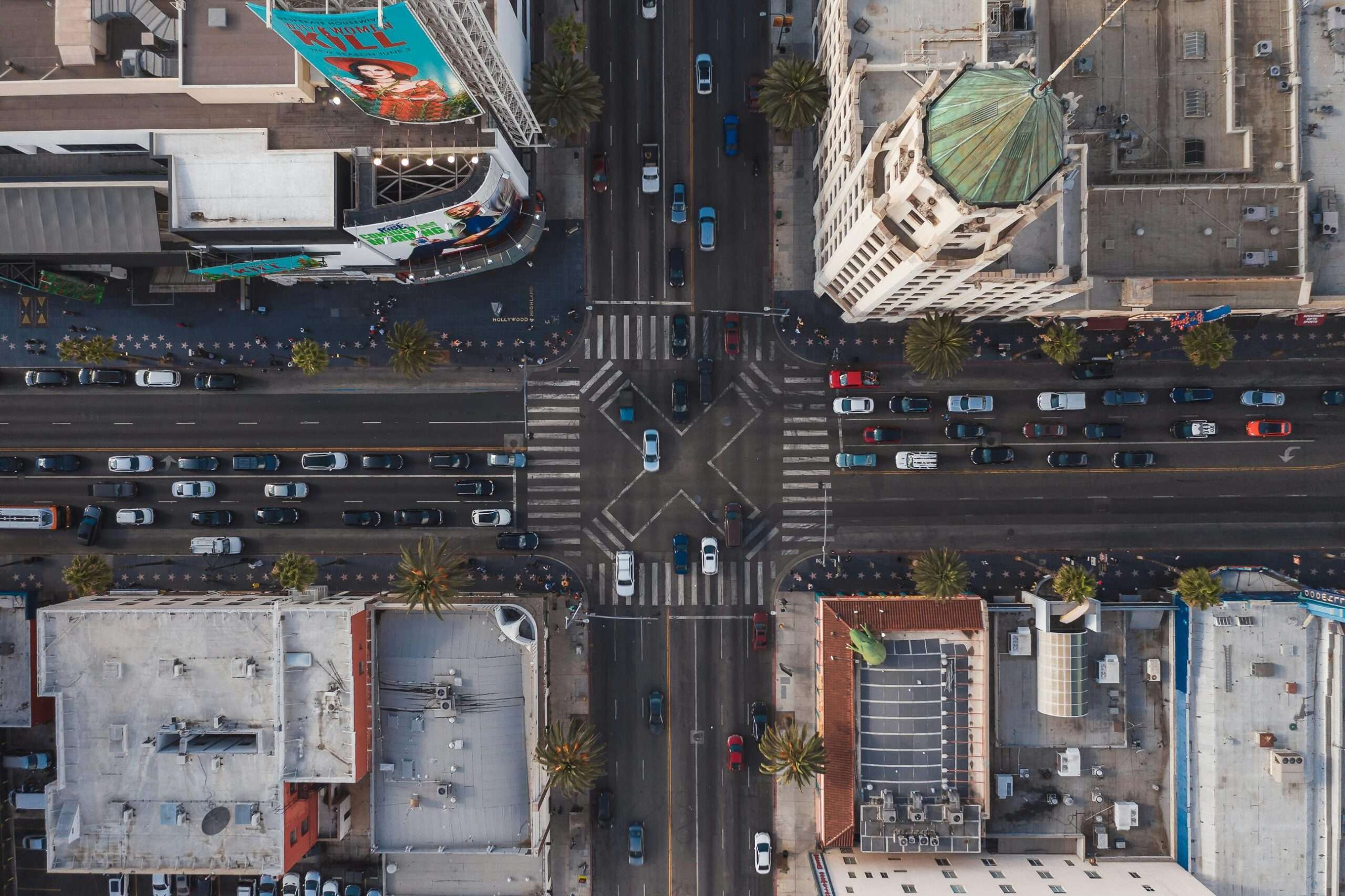 An aerial view of a roadway intersection in Los Angeles.