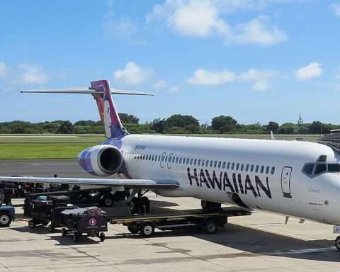 A Hawaiian airplane at Lihue Airport in Kauai.