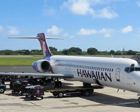A Hawaiian airplane at Lihue Airport in Kauai.