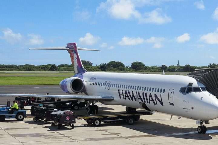 A Hawaiian airplane at Lihue Airport in Kauai.
