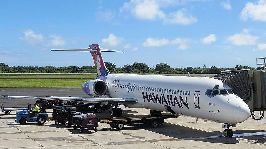 A Hawaiian airplane at Lihue Airport in Kauai.