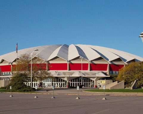The Veterans Memorial Coliseum in Dane County, Wisconsin, from the front on ground level.