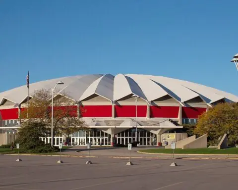 The Veterans Memorial Coliseum in Dane County, Wisconsin, from the front on ground level.