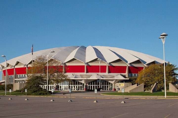 The Veterans Memorial Coliseum in Dane County, Wisconsin, from the front on ground level.