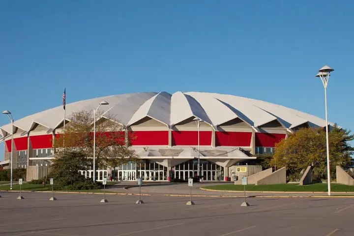 The Veterans Memorial Coliseum in Dane County, Wisconsin, from the front on ground level.