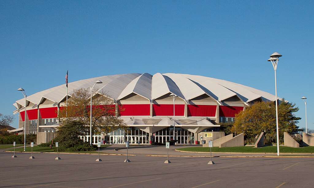 The Veterans Memorial Coliseum in Dane County, Wisconsin, from the front on ground level.