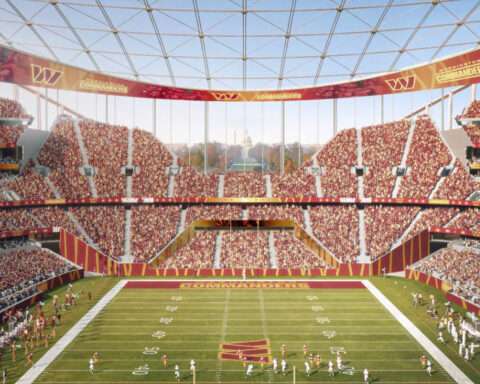 A rendering of the Commanders' new planned stadium on the RFK site.