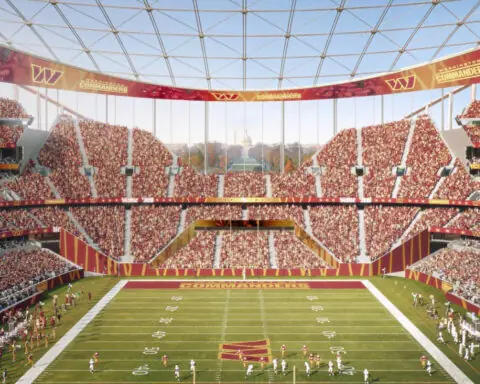 A rendering of the Commanders' new planned stadium on the RFK site.