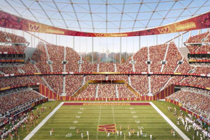 A rendering of the Commanders' new planned stadium on the RFK site.