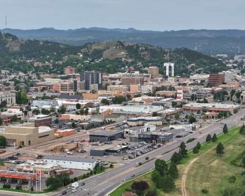 The Rapid City skyline in South Dakota from a distance.