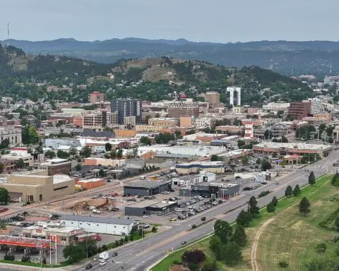 The Rapid City skyline in South Dakota from a distance.