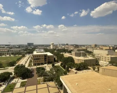 An aerial view of the Texas A&M University campus in College Station, Texas.