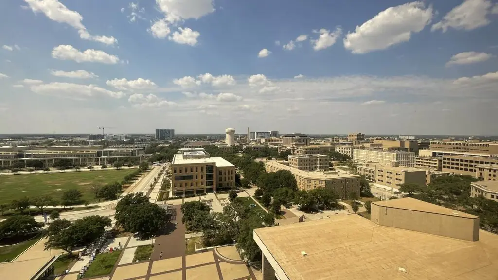 An aerial view of the Texas A&M University campus in College Station, Texas.
