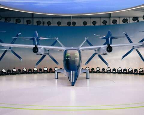 An advanced air mobility vehicle or evtol on display from the front.