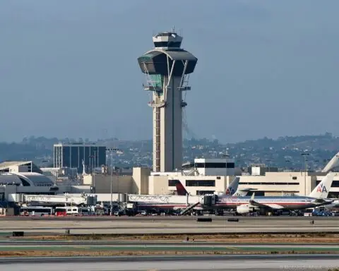 An air traffic control tower at the Los Angeles International Airport in Los Angeles.