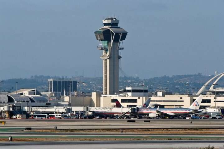 An air traffic control tower at the Los Angeles International Airport in Los Angeles.