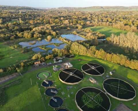An aerial view of a water treatment plant.