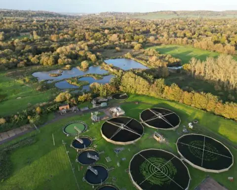 An aerial view of a water treatment plant.