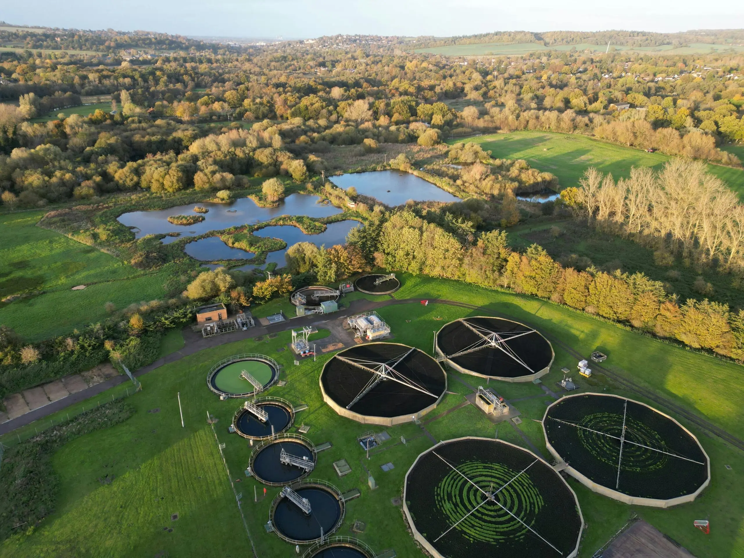 An aerial view of a water treatment plant.