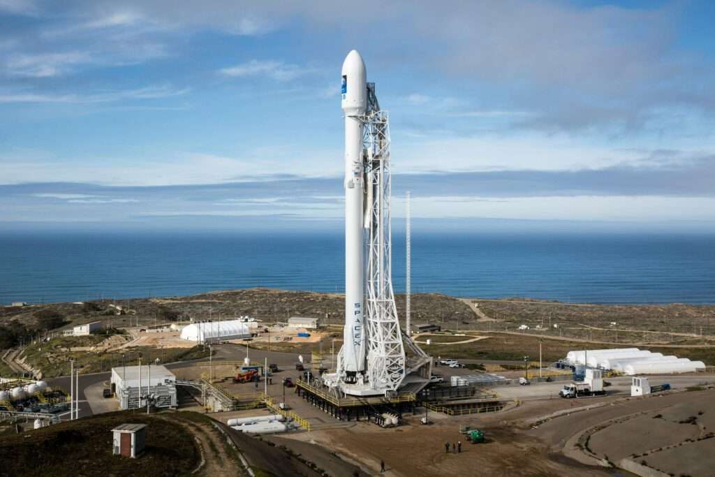 A rocket ship on a launch platform in California.