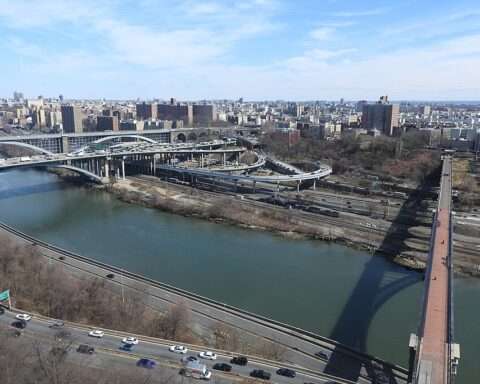 A photo of bridges crossing to the Bronx in New York City from the Highbridge Water Tower.