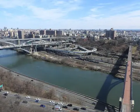 A photo of bridges crossing to the Bronx in New York City from the Highbridge Water Tower.