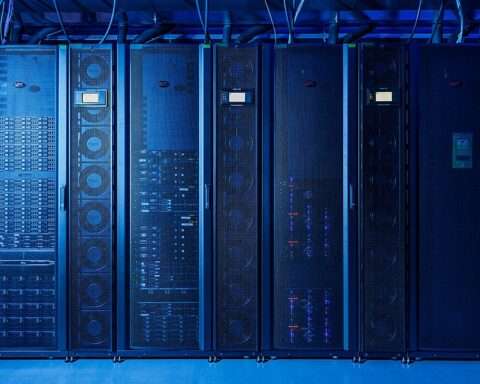 Data stacks at a data center.