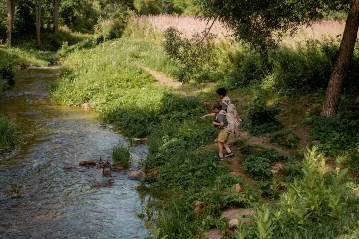 A grassy knoll alongside a creek with boy scouts playing.