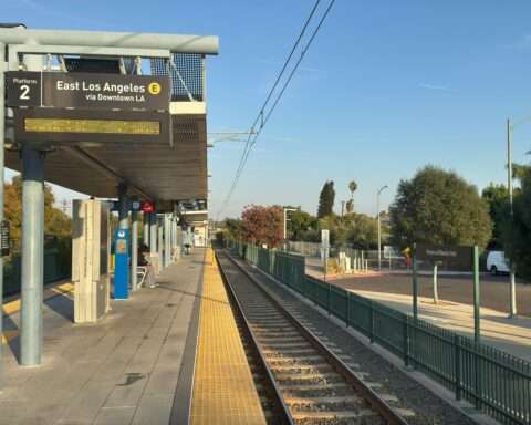 A light rail station in downtown Los Angeles.