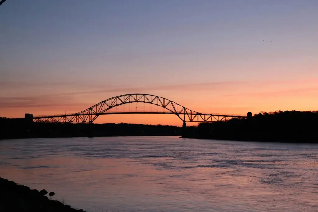 The Bourne Bridge in Bourne, Massachusetts, during sunset.
