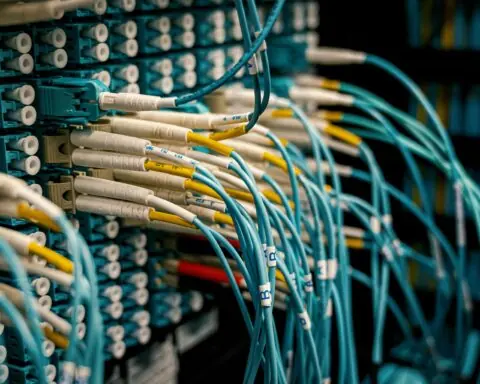 Broadband cables connect to an internet device.