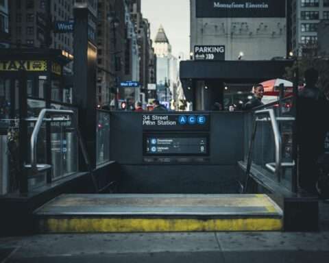 A stairway leading to the 34th Street and Penn Station connection in New York City.