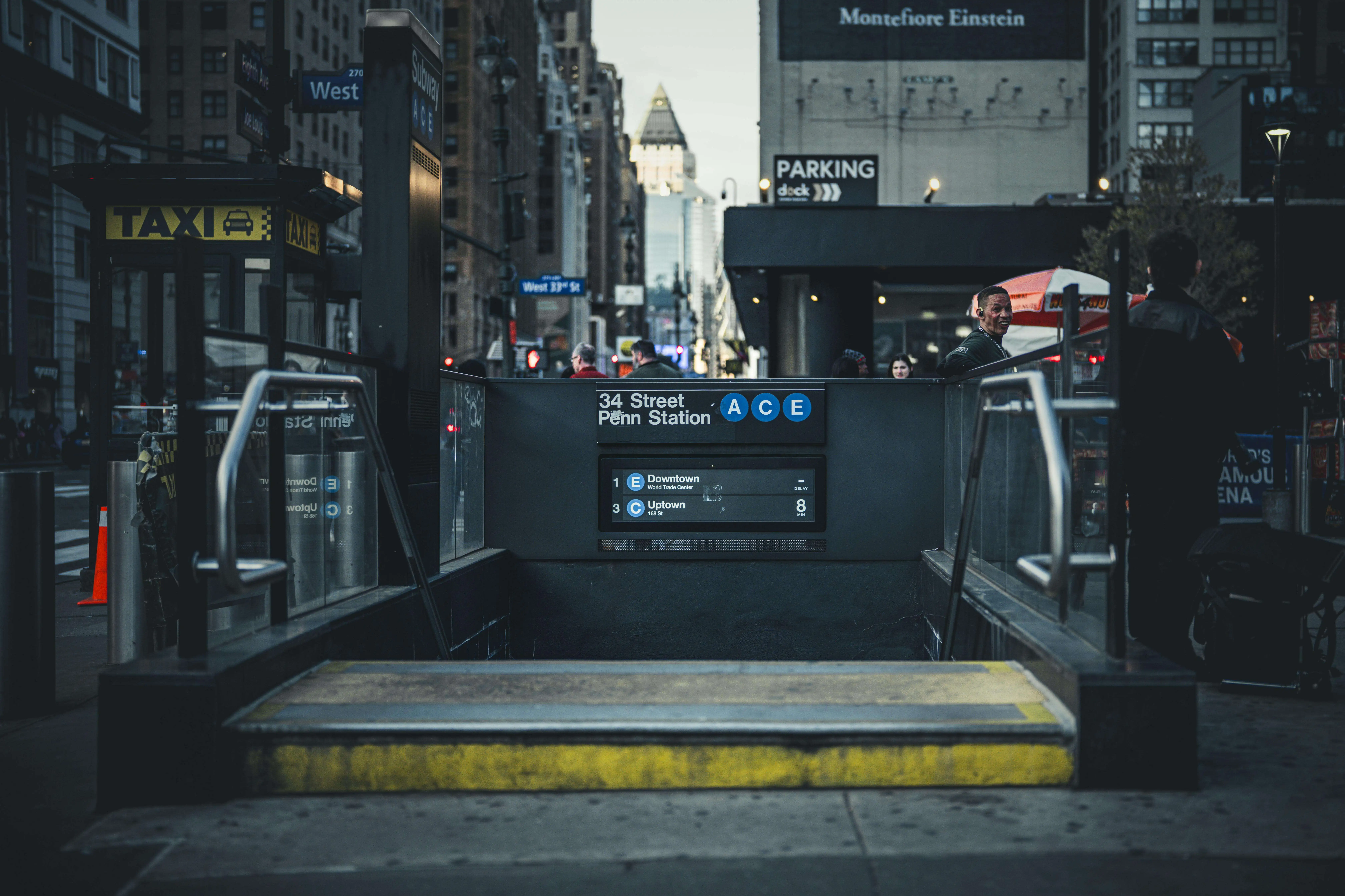 A stairway leading to the 34th Street and Penn Station connection in New York City.