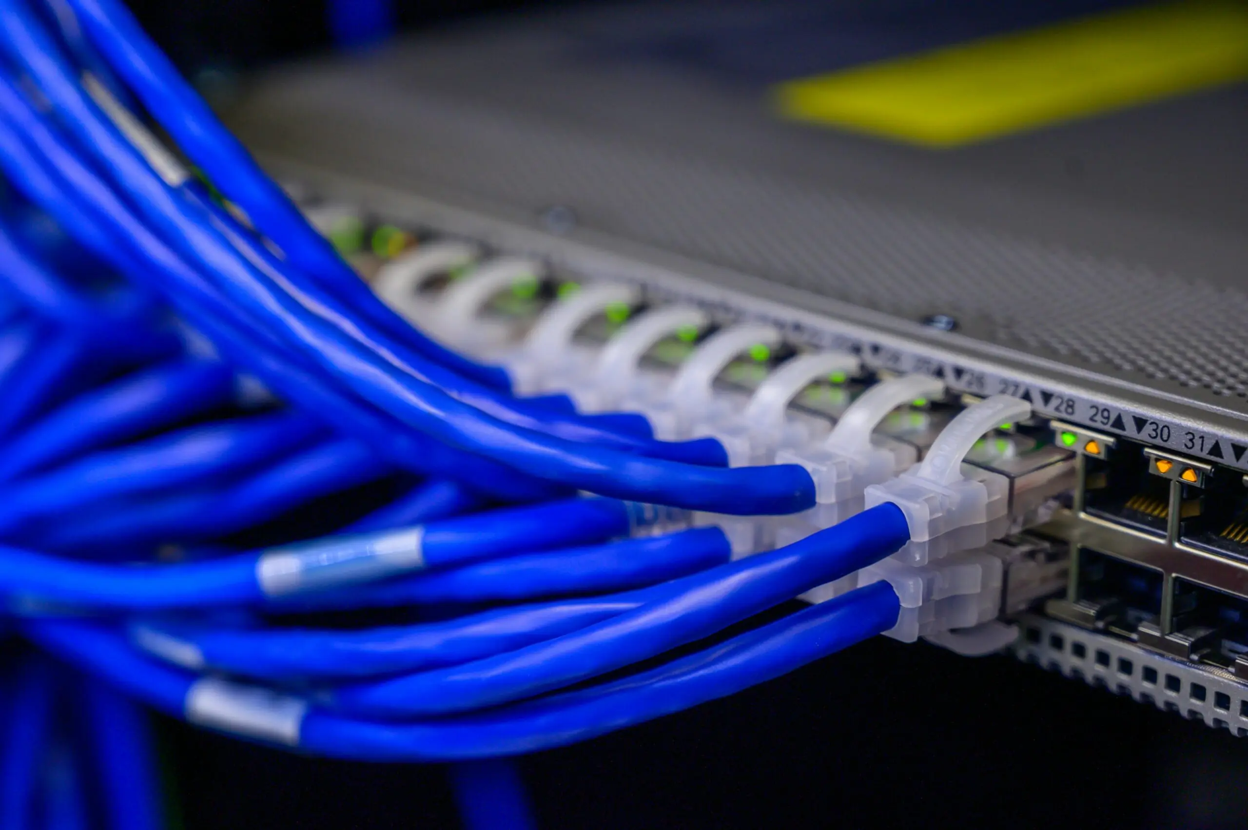 Blue broadband cables connect into a device.