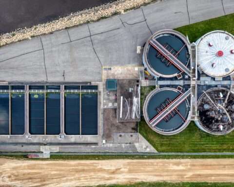 An aerial view of a wastewater treatment plant.