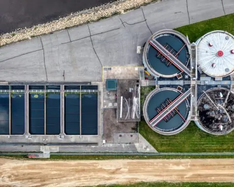 An aerial view of a wastewater treatment plant.