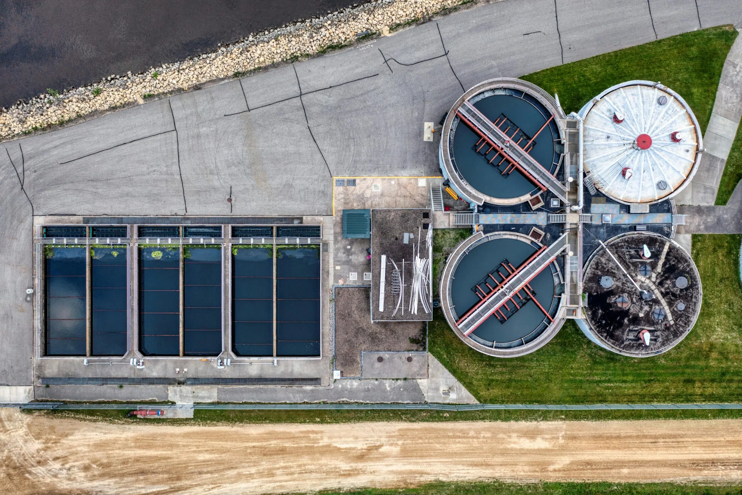 An aerial view of a wastewater treatment plant.