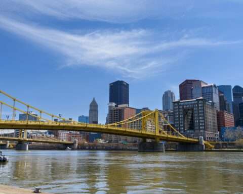The Pittsburgh skyline from across the river on the ground.