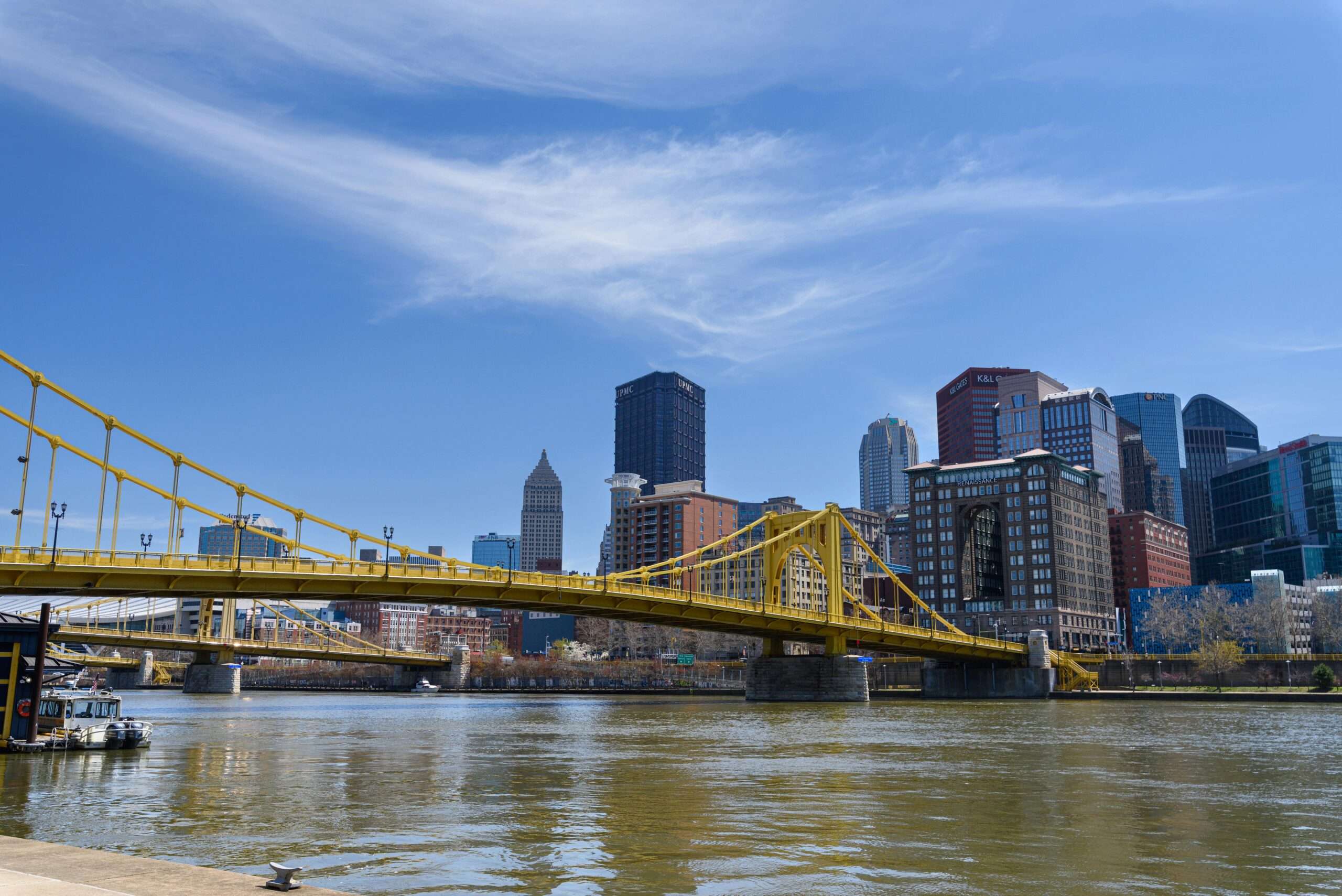 The Pittsburgh skyline from across the river on the ground.